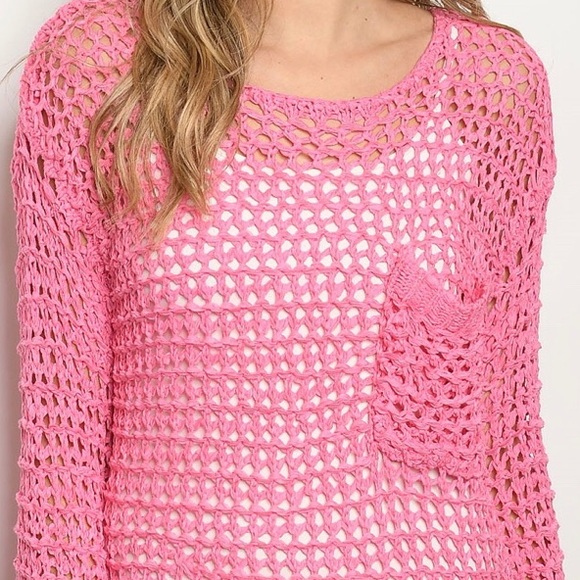 O&O Pink Open Net Long Bell Sleeve Front Pocket Tunic Top NWT - Picture 2 of 13